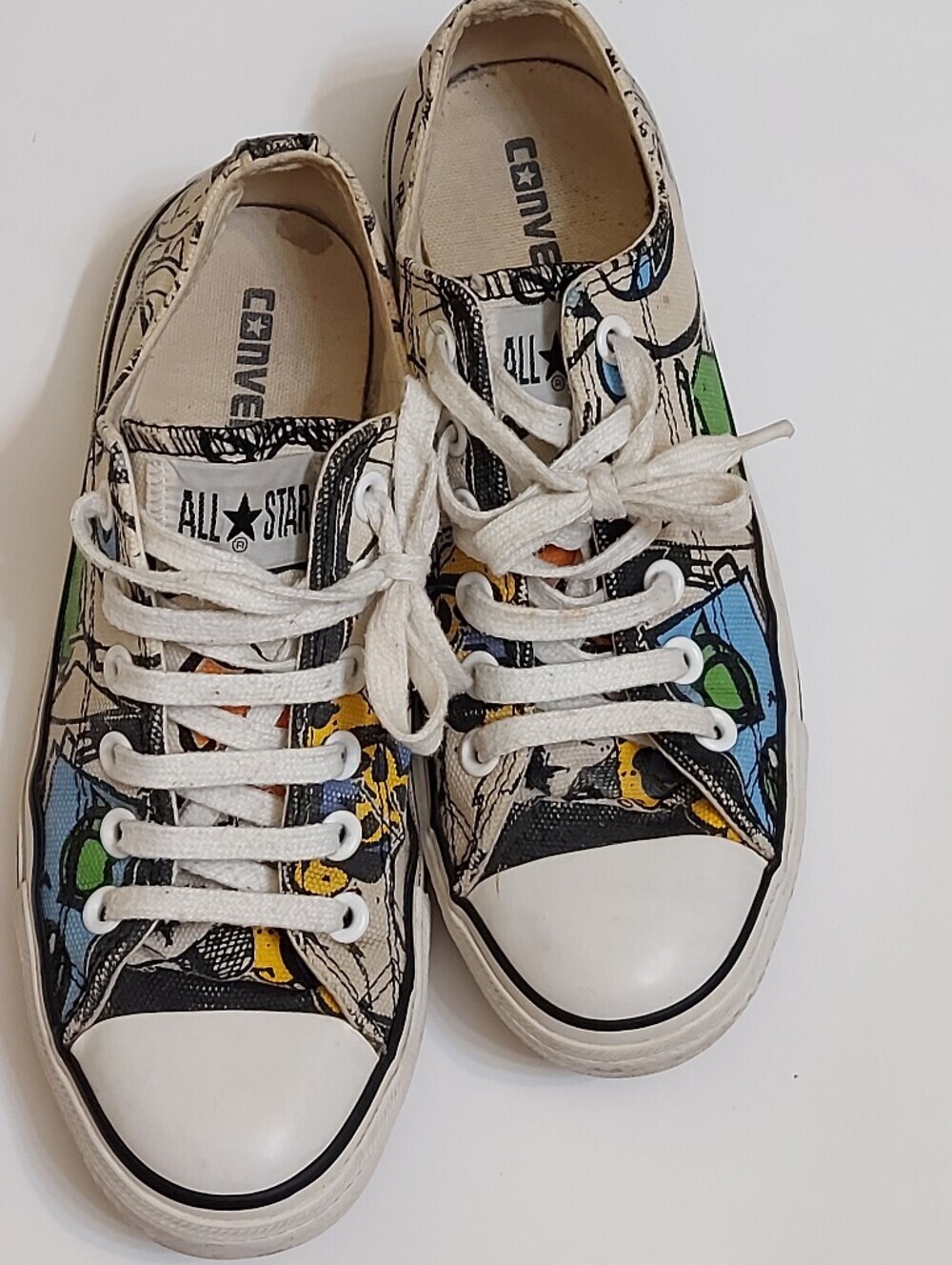 Converse Low Top Canvas Sneakers in White with Green, Blue & Yellow Accents